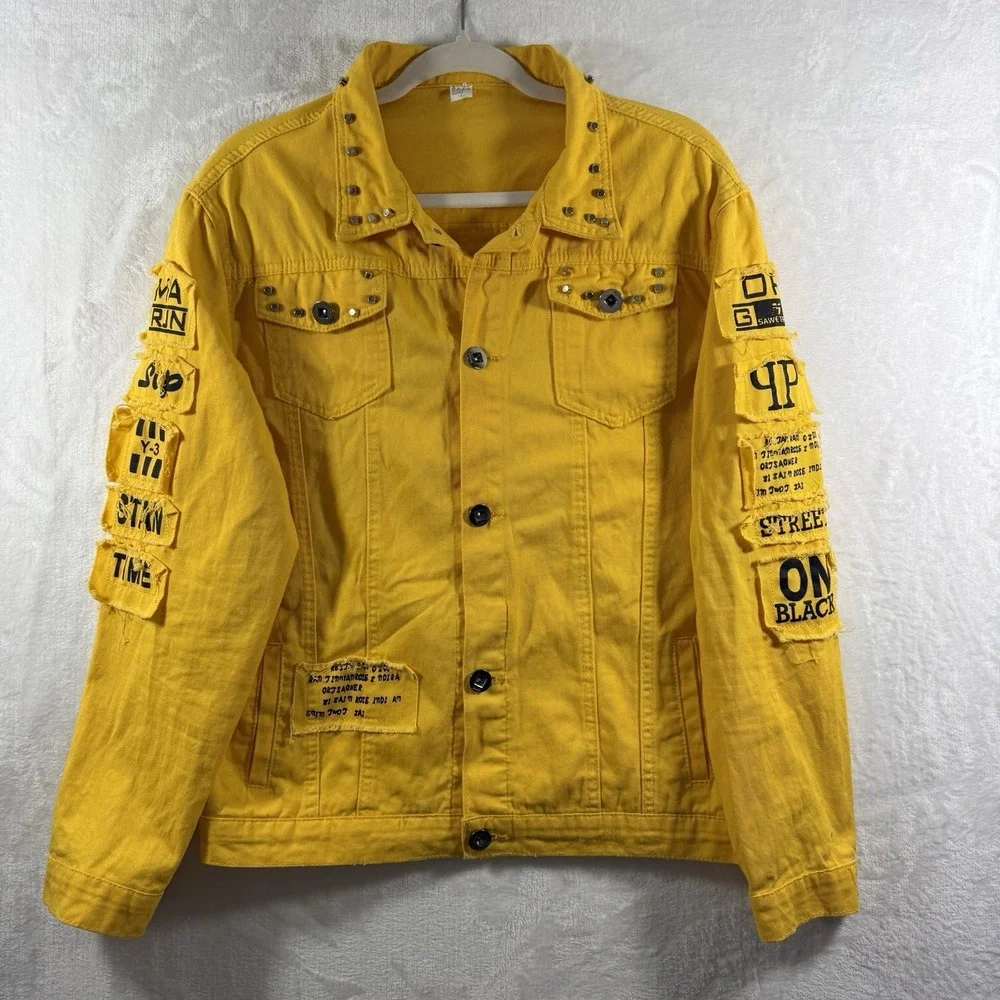 Yellow Graphic Denim Trucker Jacket Studded Streetwear School Ruined My Uff Mens